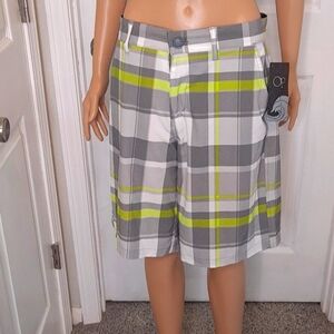 NWT OP Flex 4-Way Stretch Men's Swim  Shorts Grey/Lime/White Plaid with Pockets